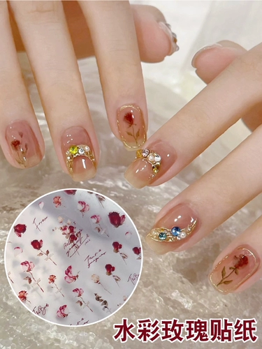 Ультратонкая акварель с розой в составе, наклейки для ногтей для ногтей, накладные ногти, наклейка