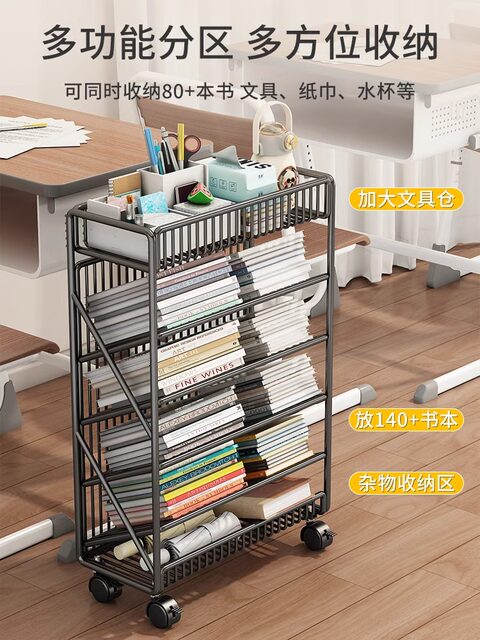 Movable Bookshelf, Desk-Side Floor-Standing Storage Rack, Desk-Side Storage Rack for Primary School Students to Study Books, Wheeled Storage Rack, Book Stand