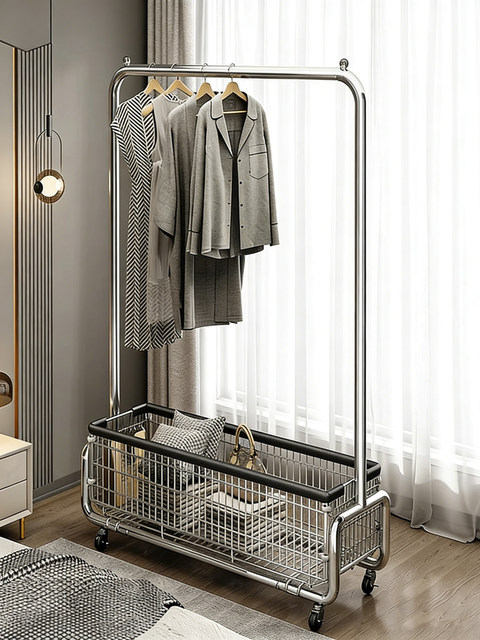Clothes Rack Floor-Standing Bedroom Movable Household Clothes Drying Rack Indoor Bedside Clothes Hanging Storage Rack Coat Rack