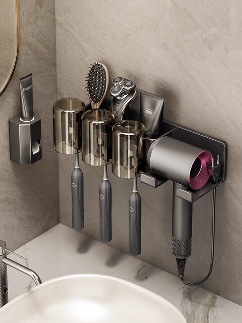 Electric Toothbrush Holder, No-Drill Bathroom Hair Dryer Stand, Wall-Mounted Toothbrushing and Rinsing Cup Holder, Dental Tool Rack