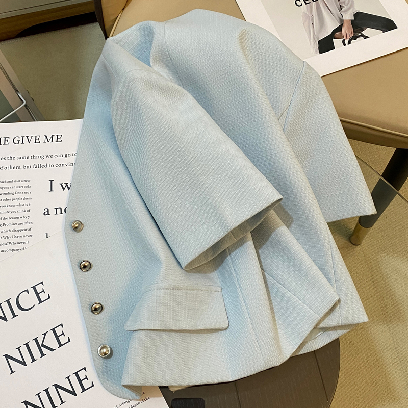Lake Blue Short Blazer in Chanel Style for Women, 2026 Summer New Elegant Short-Sleeved Fashion Socialite Blazer Lake Blue Short Blazer in Chanel Style for Women, 2026 Summer New Elegant Short-Sleeved Fashion Socialite Blazer