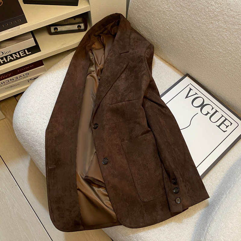 Brown Suede Retro Style Petite Women's Blazer 2026 Autumn New Casual Small Suit