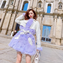 MissLuxury socialite Miss  imported fox fur grass coat with sheepskin layer cherry purple