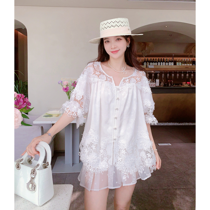 Missluxury【Evening Breeze】100% Mulberry Silk Heavy Embroidery Shirt for Women with Design Sense Lace T-Shirt