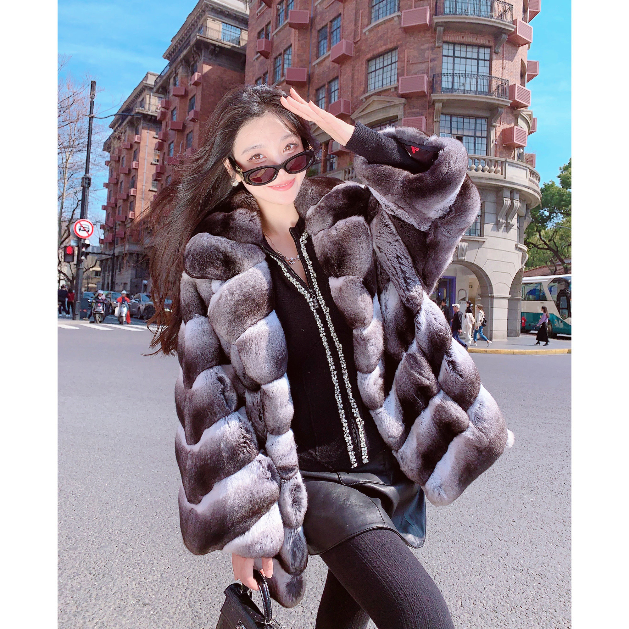 MissLuxury [Американская легенда] Импортная синяя и фиолетово-синяя натуральная шуба из меха моего соседа Тоторо, женская зимняя шуба класса люкс высокого класса Изображение 1