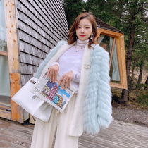 Miss Luxury imported white fox car strip thin mint green coat female knitted collar fox fur grass
