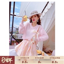 Miss Luxury street shoot hot girl personality bow young mohair sweater loose pink sweater