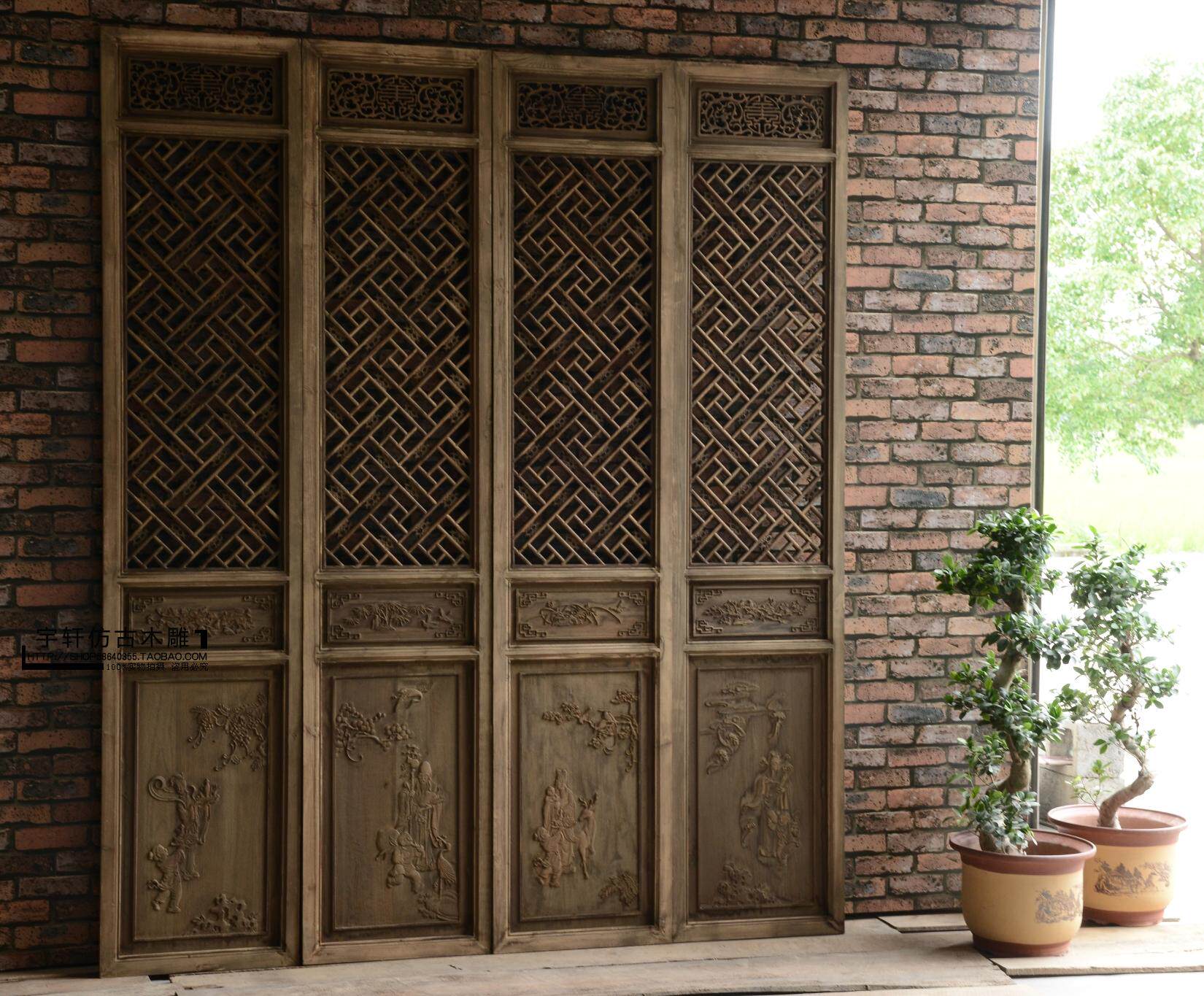 Antique wood carving screen partition flower grid doors and windows Chinese solid wood hotel living room Tea House screen porch partition