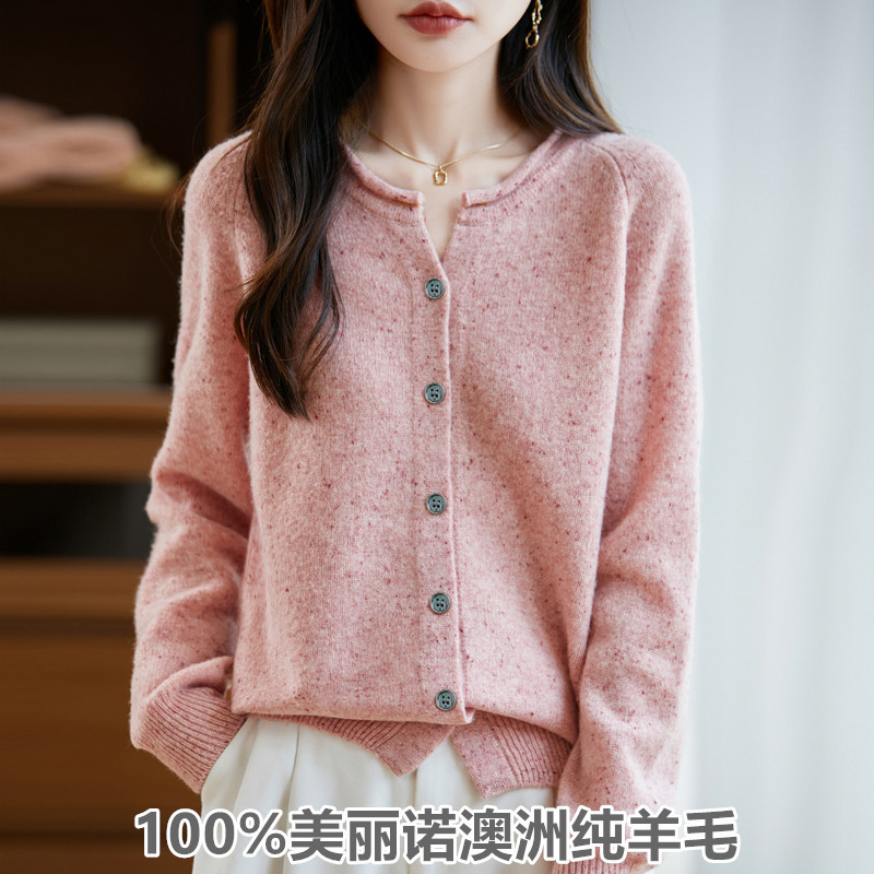 100% Pure Wool Cardigan for Women, Rolled Edge V-Neck, Ab Floral Yarn Sweater, Knitted Base Layer Sweater for Outerwear