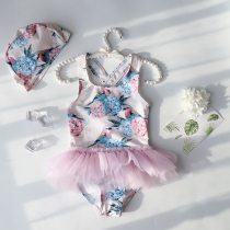 Girls ins Princess puffy dress one-piece swimsuit girl baby print pink flower and bird fashion European and American swimwear