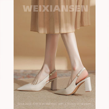 Mr. Wei's French-Style Closed-Toe Sandals for Women, Versatile Chunky Heel Pointed Toe Commuting Shoes for Women, High-End Feel, Suitable for Pairing with Skirts, High-Heeled Shoes for Women