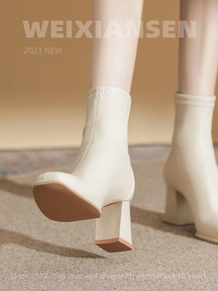 Mr. Wei Slim Boots for Women Black Martin Boots Autumn and Winter Short Boots for Women with Fleece Lining White Chunky Heel High Heel Short Boots for Women