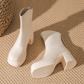 Mr. Wei Off-White High-Heeled Short Boots for Women, Chunky Heel, Waterproof Platform, V-Cut Martin Boots, Comfortable Soft Leather Short Boots for Women