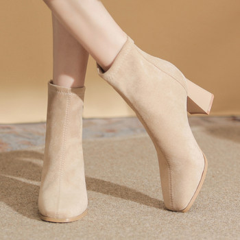 Mr. Wei's Apricot Suede High-Heeled Boots for Women Are Fashionable, Slimming, Comfortable, Short Boots with Square Toe and Chunky Heel