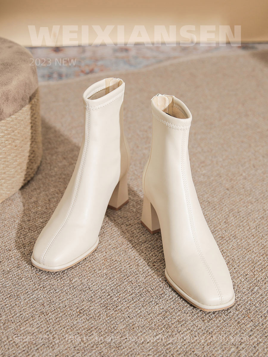 Mr. Wei Slim Boots for Women Black Martin Boots Autumn and Winter Short Boots for Women with Fleece Lining White Chunky Heel High Heel Short Boots for Women