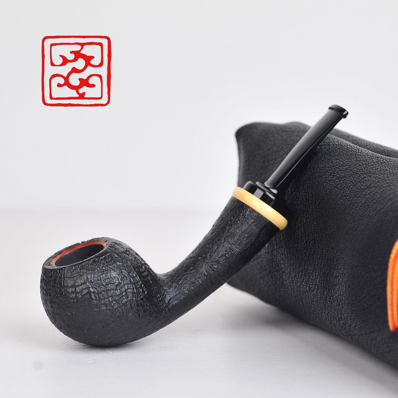 National Master Ze Long's Pipe, Made from Imported Briar Wood, Handcrafted with a Black Sandblasted Surface, Long Stem, Free-Style, Pufferfish Design
