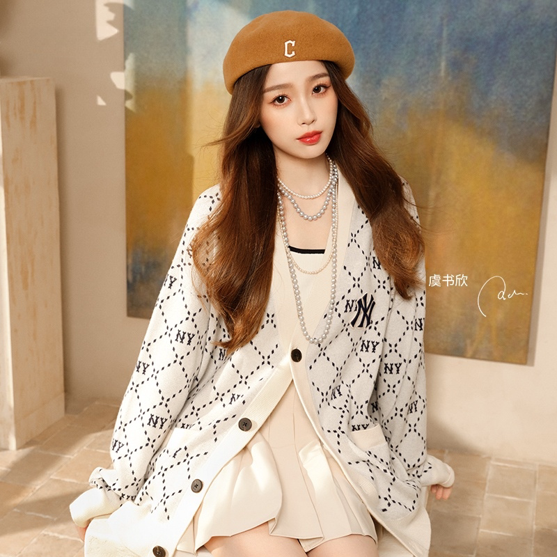 Korean Style Trendy Brand Classic Ny Cardigan for Women with All over Printed Presbyopia Color Matching V-Neck Knitted Sweater Loose Men's Jacket Kcm01