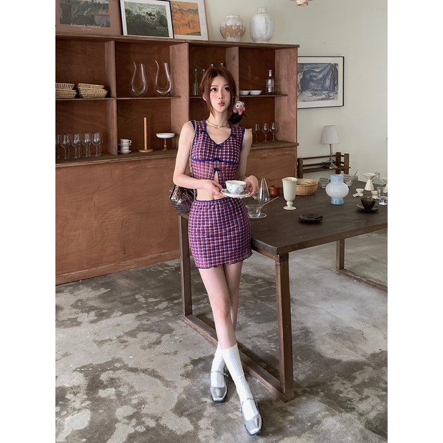 ffcheerLajoie retro plaid suit summer ຂອງແມ່ຍິງ top vest ແອວສູງ plaid skirt ຊຸດສອງສິ້ນ