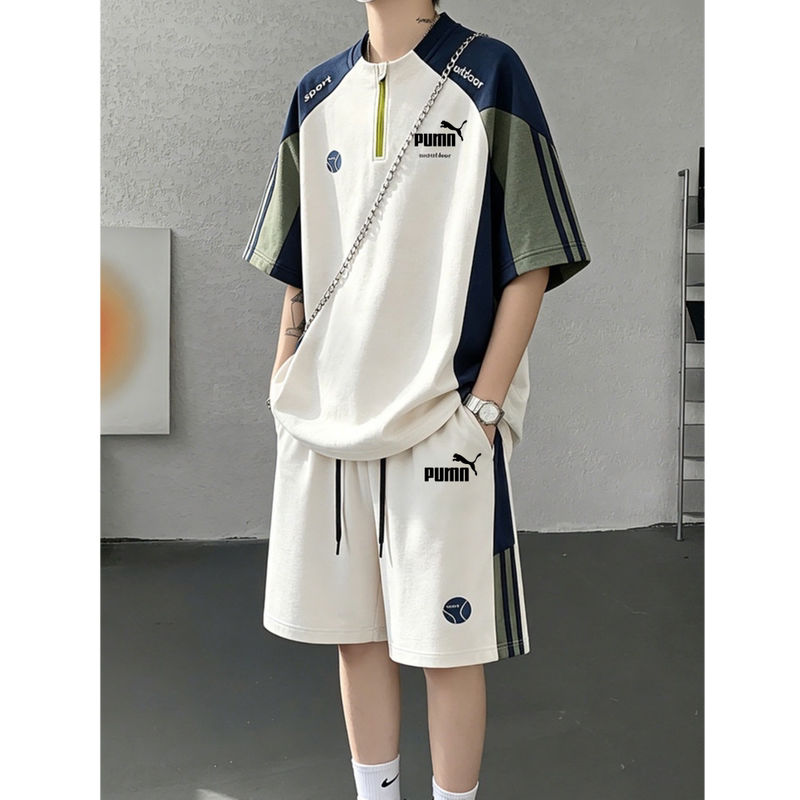Outlet Exclusive American-Style Color-Blocking Ice Silk Casual Sports Set Quick-Dry Short-Sleeve T-Shirt Men's Versatile Shorts Two-Piece Set