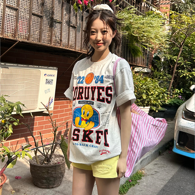 Foruyes Official Store Spring and Summer New American-Style Bird Basketball Letter Print Couple Trendy Round Neck T-Shirt Short Sleeves