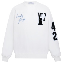 4UYES retro dice American street embroidery flocking High Street tide loose winter plus velvet sleeve round neck sweater