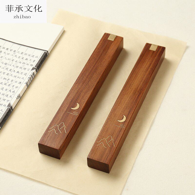 Creative calligraphy town ruler, solid wood pressed paper, cute student book town, four treasures of the study, calligraphy inlaid with copper, carved with elongated sandalwood, sour branch wood, crescent moon ruler paperweight, Chinese wind pressure book decoration