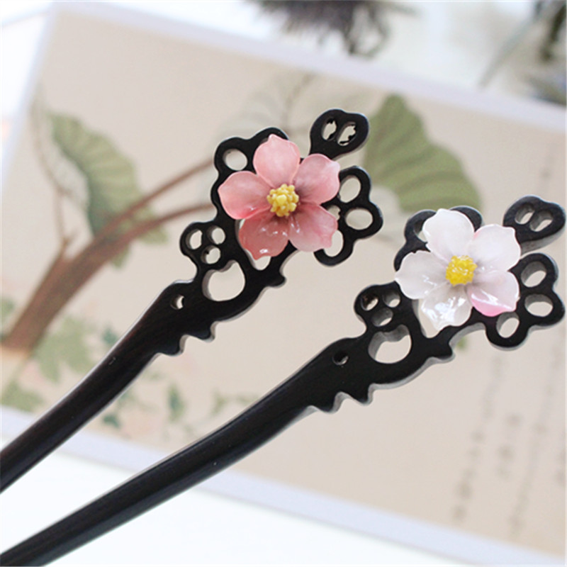 Great Tang Ancient Wind Hair Hairpin Hair Accessories Happiness Cherry Blossom Black Sandalwood Disc Hair Ancient Wood Hairpin Court Gift Box Dress