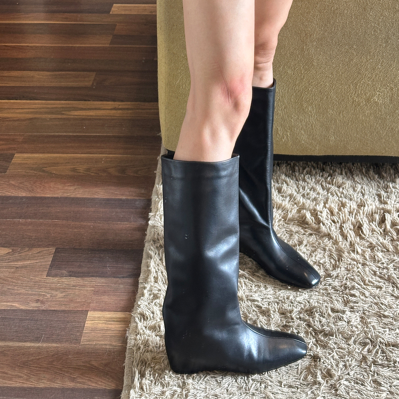 European Small-Sized Calfskin High-Top Riding Boots for Women, Square Toe, Internal Height Increase of 6cm, Wide Straight-Leg Long Boots, Full Genuine Leather