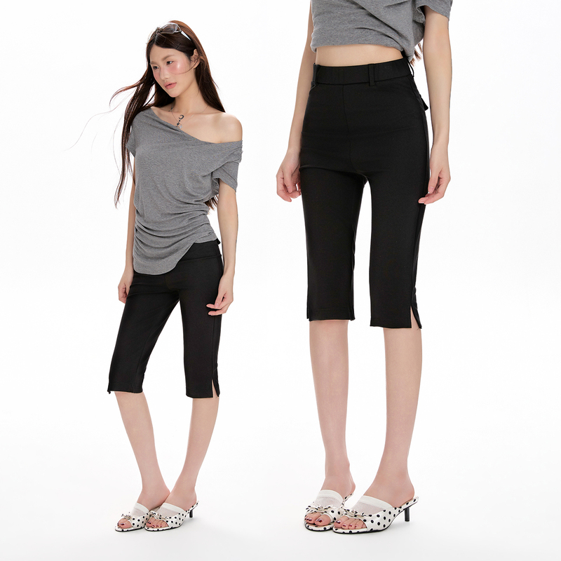Commuting Style High-Waisted Cropped Pants for Women, Summer Design, Elastic Side Slit Casual Mid-Length Pants, Black Leggings Commuting Style High-Waisted Cropped Pants for Women, Summer Design, Elastic Side Slit Casual Mid-Length Pants, Black Leggings