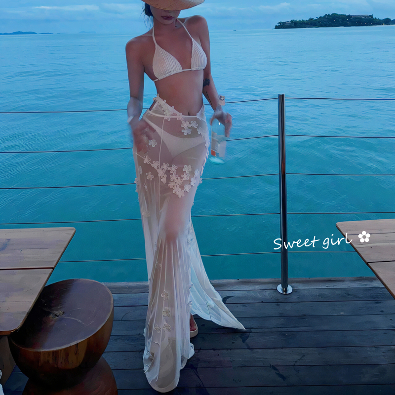 Thai Star Mai's Same Style White See-Through Floral Long Dress Bikini Pure and Sexy Hot Girl Vacation Swimsuit for Women Thai Star Mai's Same Style White See-Through Floral Long Dress Bikini Pure and Sexy Hot Girl Vacation Swimsuit for Women