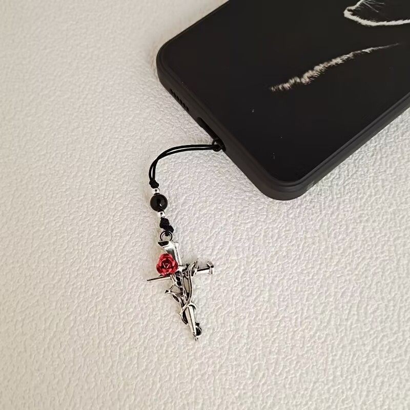 Retro Thorn Rose Cross Phone Charm, Fashionable and Unique Couple Phone Pendant, Backpack Charm, Ornament