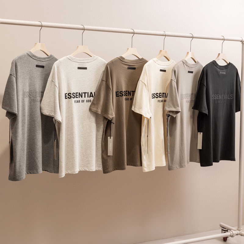 Essentials Short-Sleeved T-Shirt for Men and Women, Fog Double-Line Lettering on the Back, Large Size, Mid-Length, Trendy