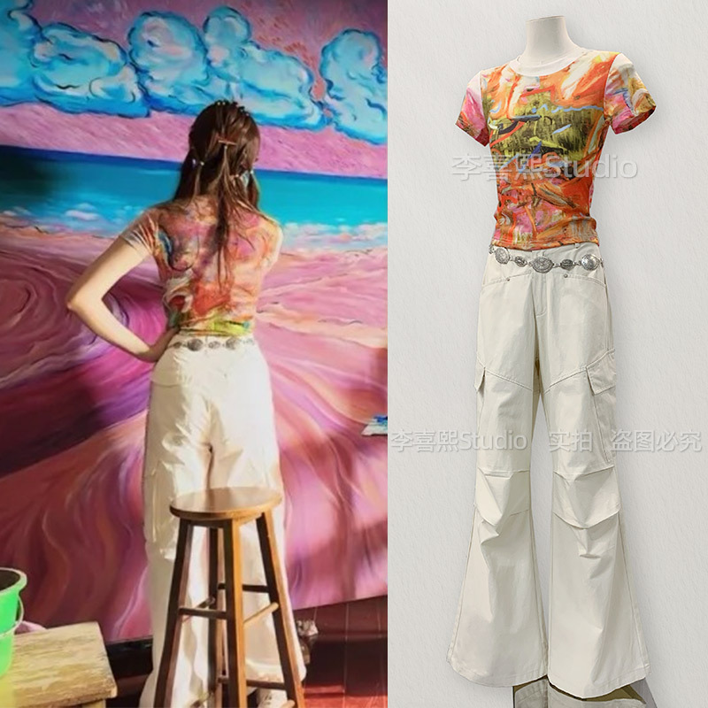Rose Story Liu Yifei Style Graffiti T-Shirt Off-White Workwear Wide-Leg Pants Set for Tall Women Spring and Summer