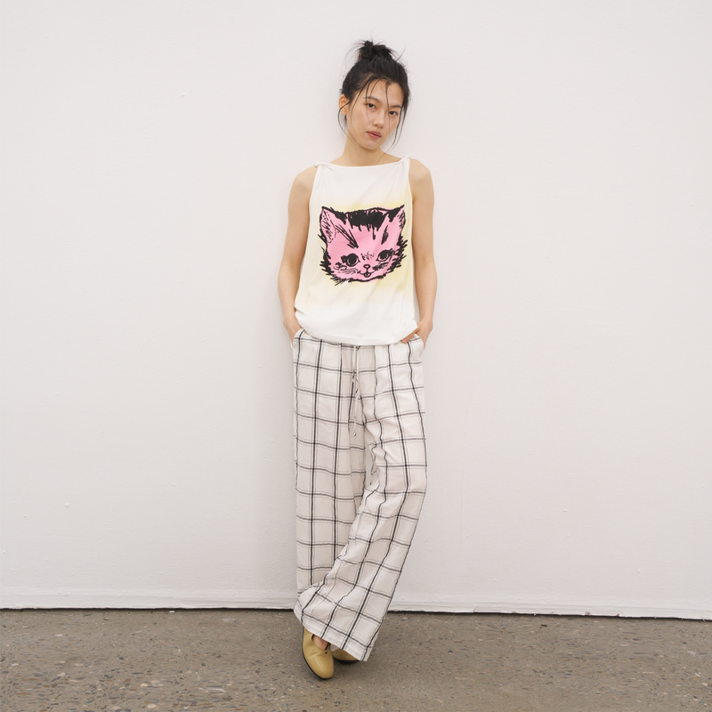 Wonesduty Twisted Strap Cat Print Knitted T-Shirt Casual Vacation Playful Girl's Tank Top
