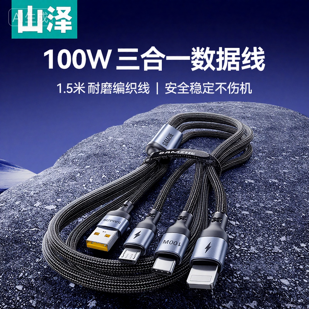 山泽100w一拖三快充数据线车载三合一带灯超级闪充适用苹果iphone华为荣耀Type-C安卓vivo通用充电器多头