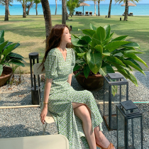 sandro tonali bubble sleeve green floral dress female summer V collar temperament Hepburn wind long skirt ankle