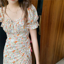 SZ Korea spring and summer square collar oil painting lace dress short sleeve French sweet orange flower bubble sleeve long skirt women