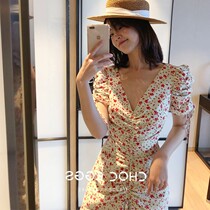 sandro tonali French V-collar floral dress female design sense niche temperament skewers skinny fishtail skirt