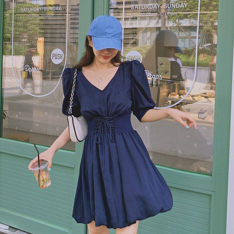 sandro tonali Bubble Sleeve dress summer new V-collar with waist French decayed temperament skirt