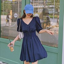 sandro tonali bubble sleeve dress summer new V-collar tie-up waist French age age temperament skirt