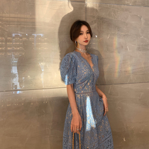 sandro tonali summer New hollow mesh polo point stitching lace holiday dress female little man