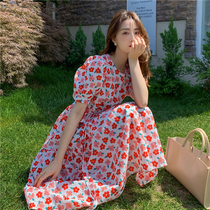 sandro tonali bubble sleeve floral dress French retro Super fairy sweet red waist doll dress