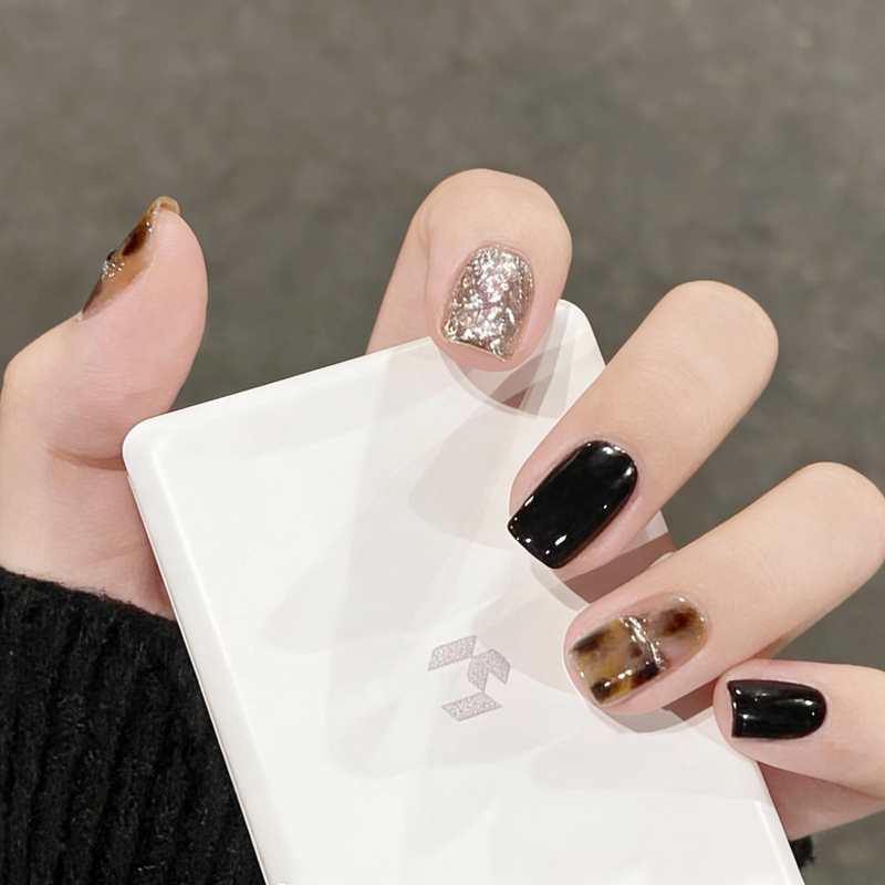 Nail's New Handmade Wearable Nails, Black Leopard Print Glitter Nail Patches, Removable, Whitening, High-End Fake Nails