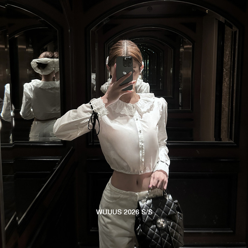 Wuuus【Lillian】Lace Doll Shirt for Women Spring/Summer White Long Sleeve Crop Top Short Style
