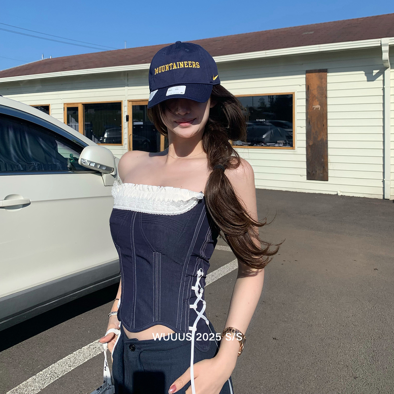 Wuuus【Reversal of Charm】Real Fishbone Waist-Tightening Strap Bra Women's Denim Vest Camisole Tube Top