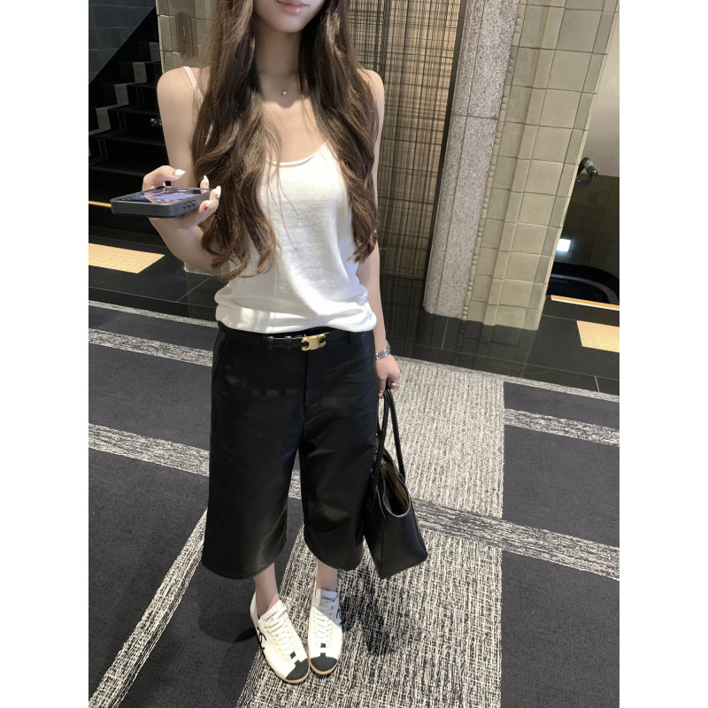 Wuuus【Corner Street】Black Matte Leather Pants for Women, Early Autumn New Style, Mid-Low Waist, Eight-Point Length Casual Pants