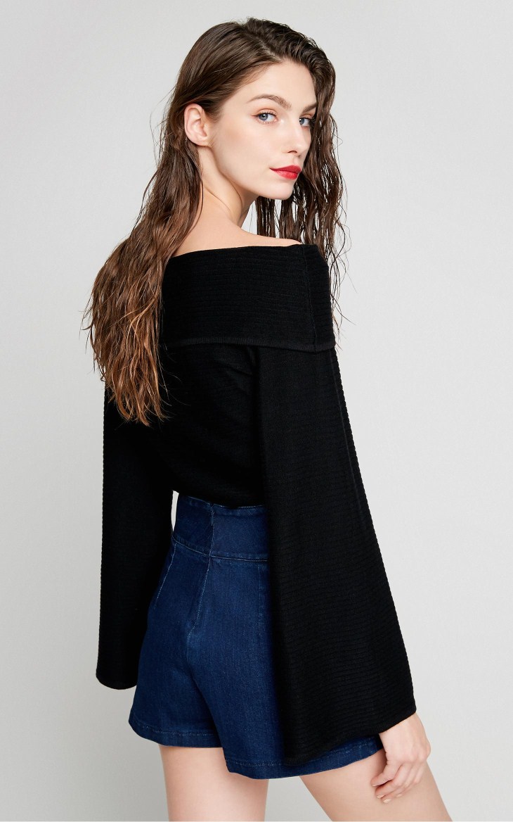 [3 miễn phí 1] Vero Moda từ cổ áo tay áo kèn sọc ngang | 317324537 áo len nữ công sở