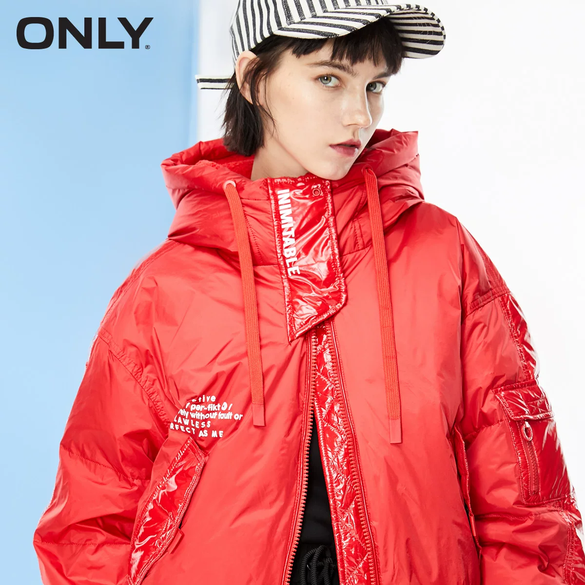 Autumn glossy down jacket with hood, drawstring