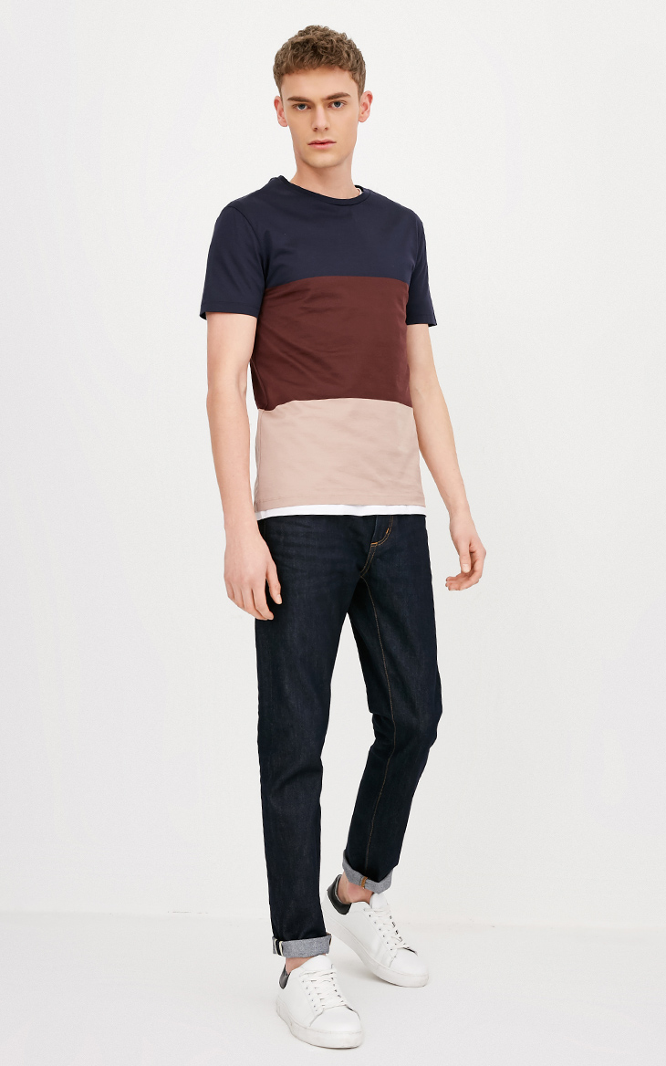 Dưới kệ | Jack Jones cotton màu tương phản khâu mùa xuân nam cổ tròn áo thun ngắn tay thủy triều E | 217201561 áo thun nam tay ngắn cổ trụ