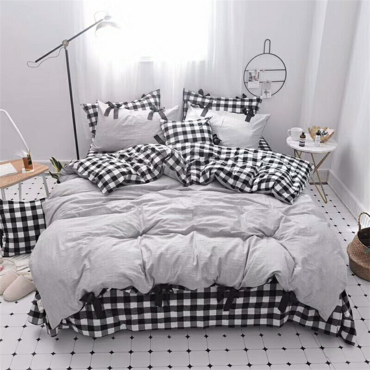 Mùa xuân bông sợi, nhuộm denim nơ phong cách dễ thương rắn màu kẻ sọc giường váy phần lanh Hàn Quốc bông rửa - Bộ đồ giường bốn mảnh chăn ga gối đệm màu hồng